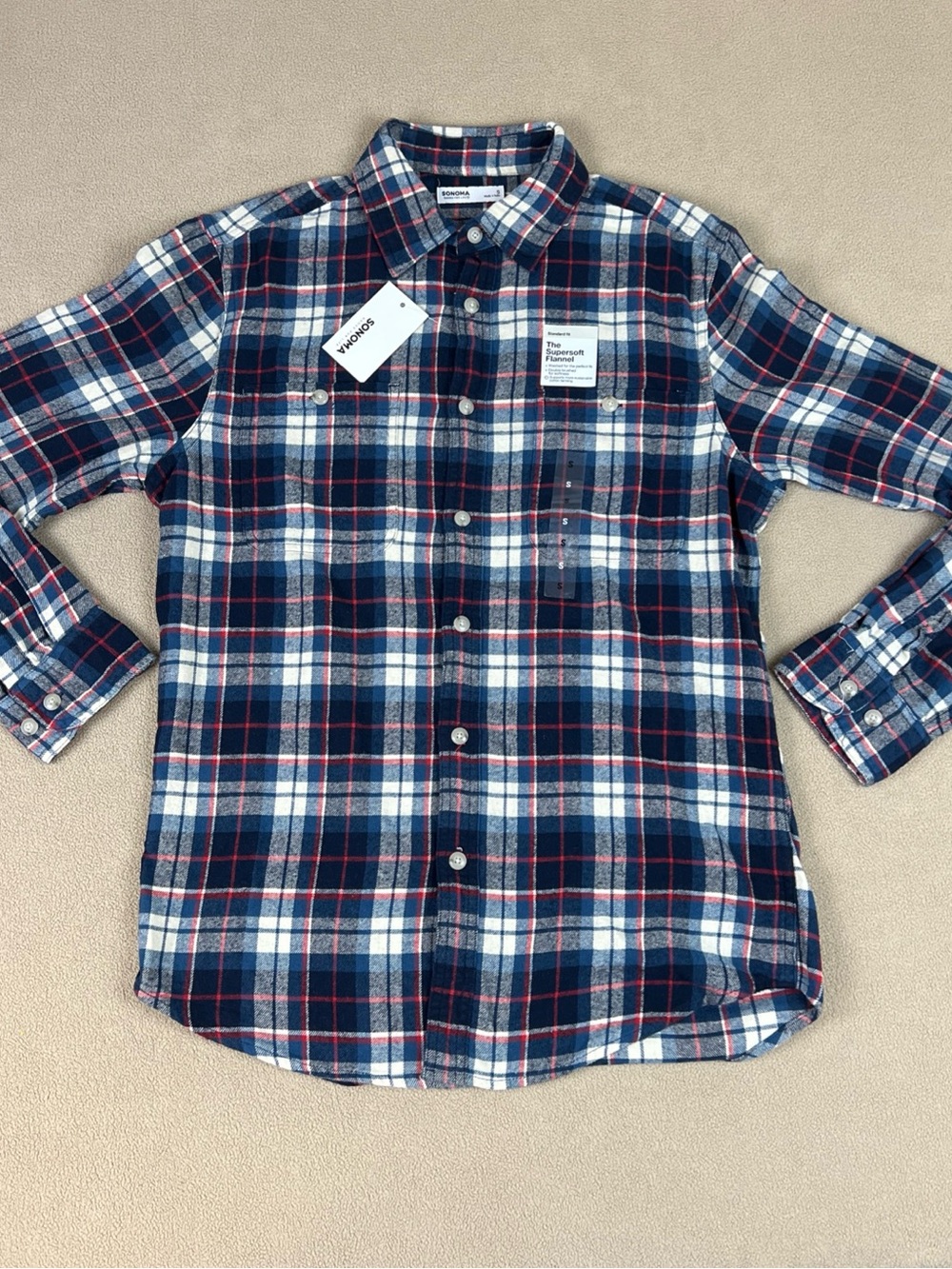 Sonoma The Supersoft Flannel Shirt. 100% Cotton, Plaid. Blue. Men's Sz Small